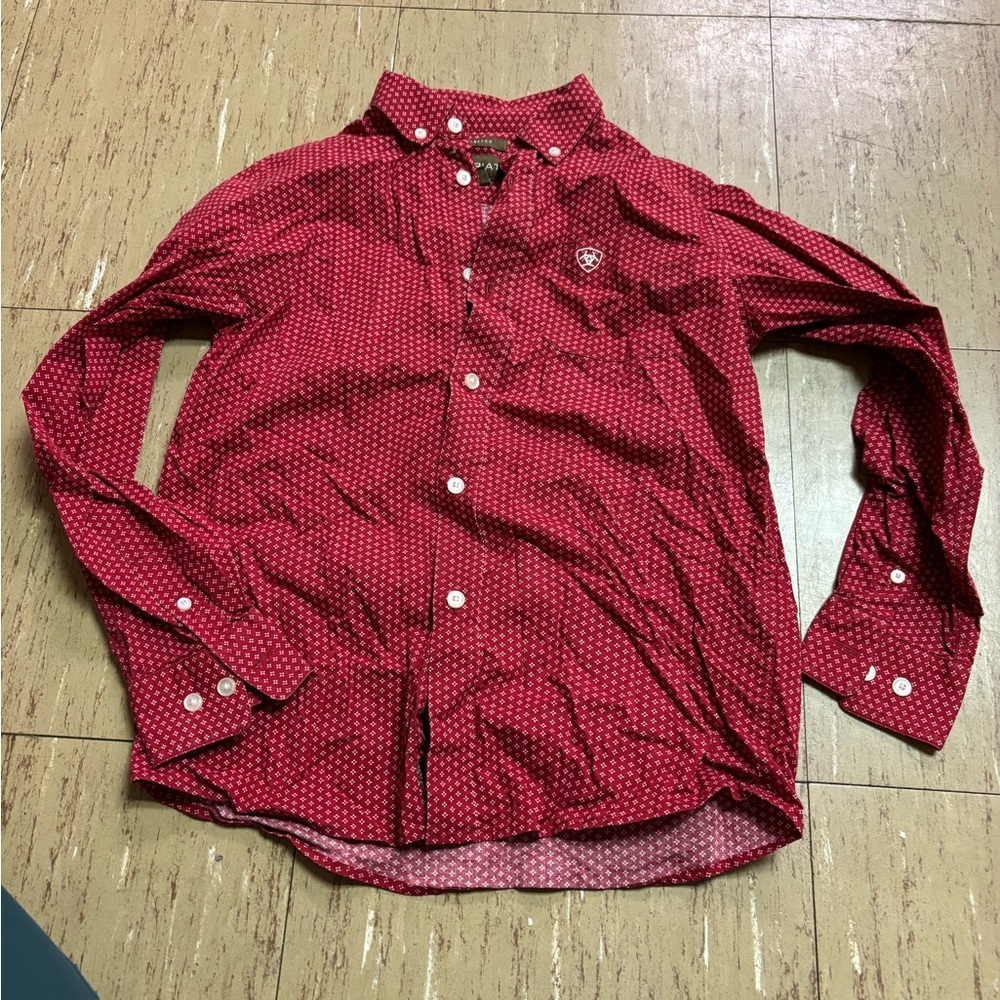 Ariat Red Geometric Diamond Pattern Boys 10/12 Button Down Shirt